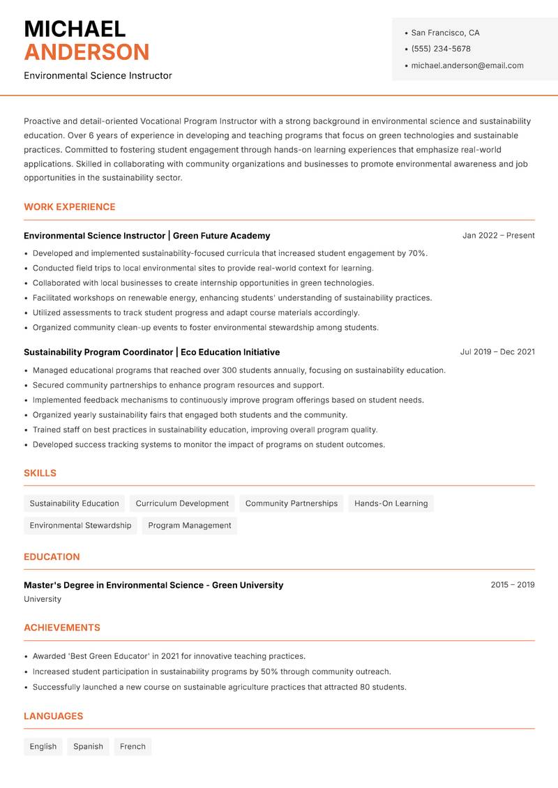 Vocational Program Instructor resume sample — Environmental Science Instructor focus