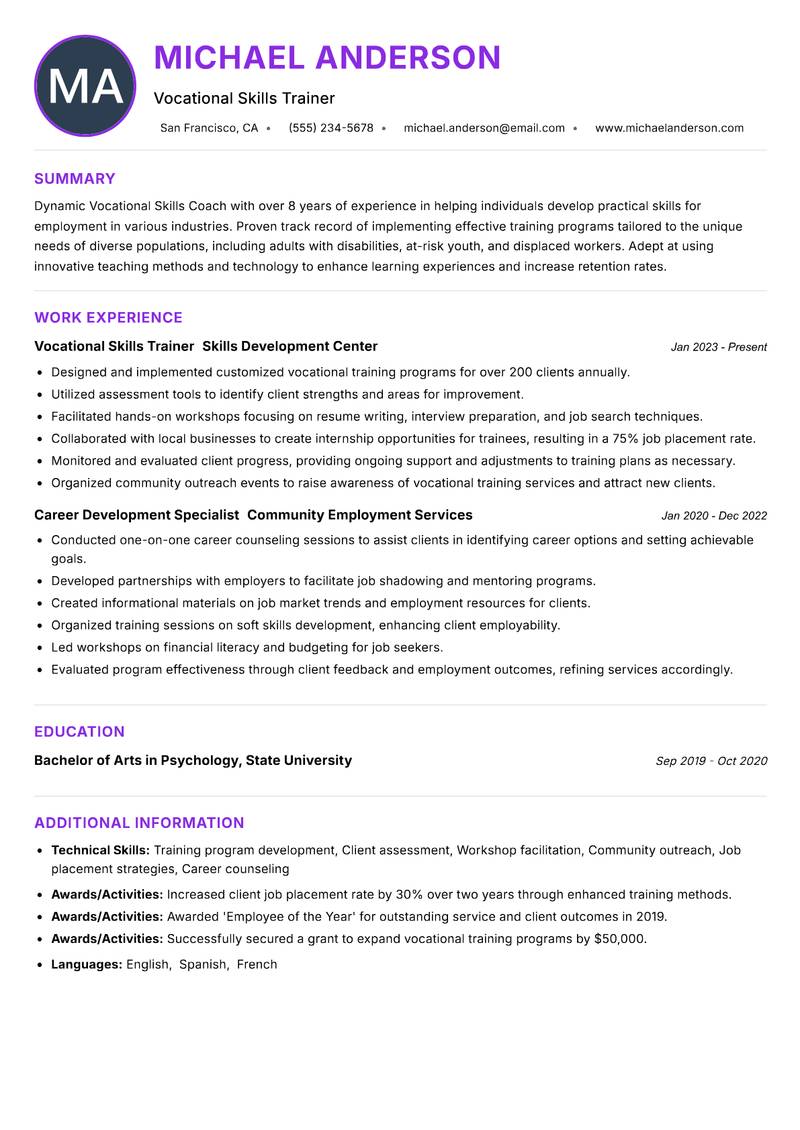 Vocational Skills Coach resume example