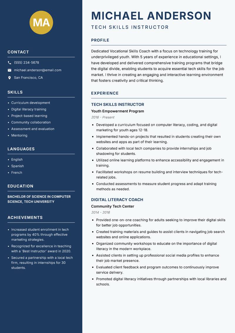 Vocational Skills Coach resume sample — Tech Skills Instructor focus