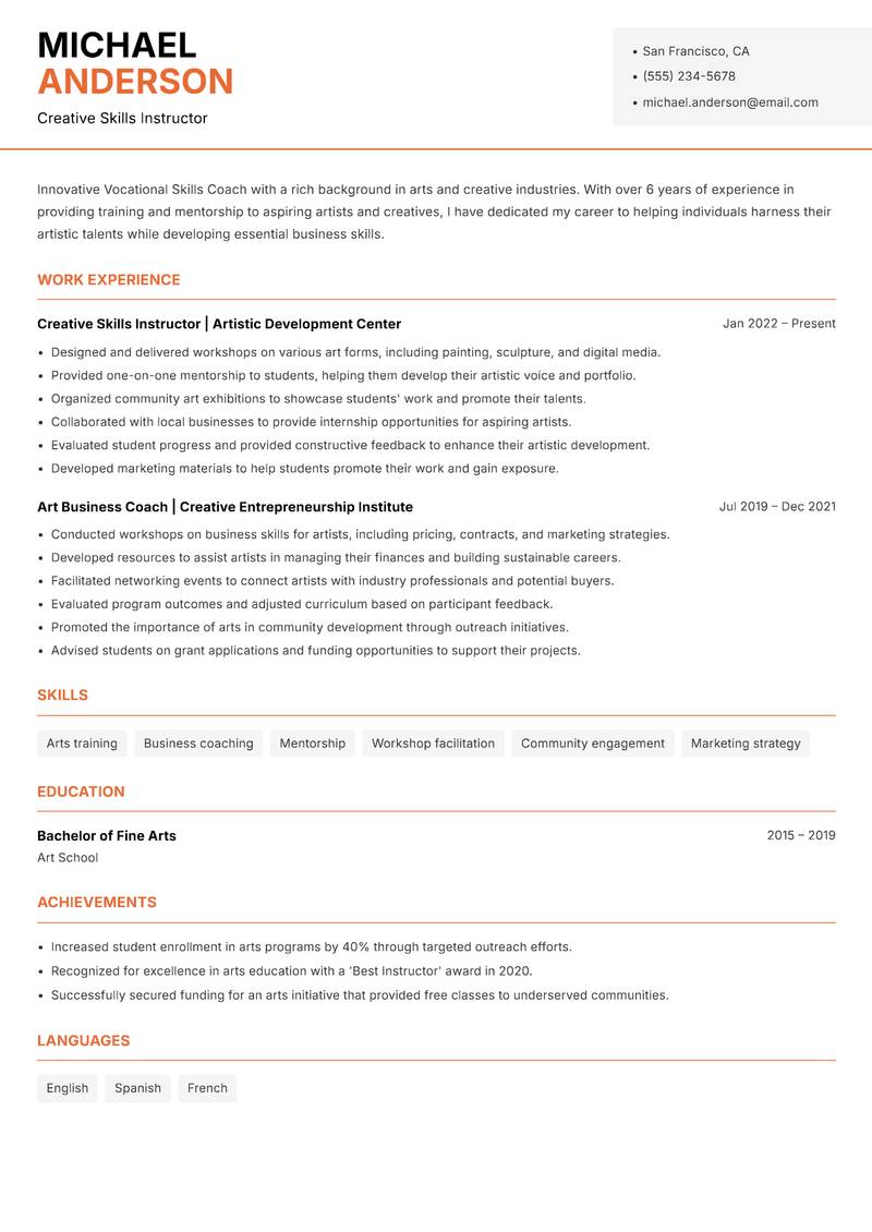 Vocational Skills Coach resume sample — Creative Skills Instructor focus