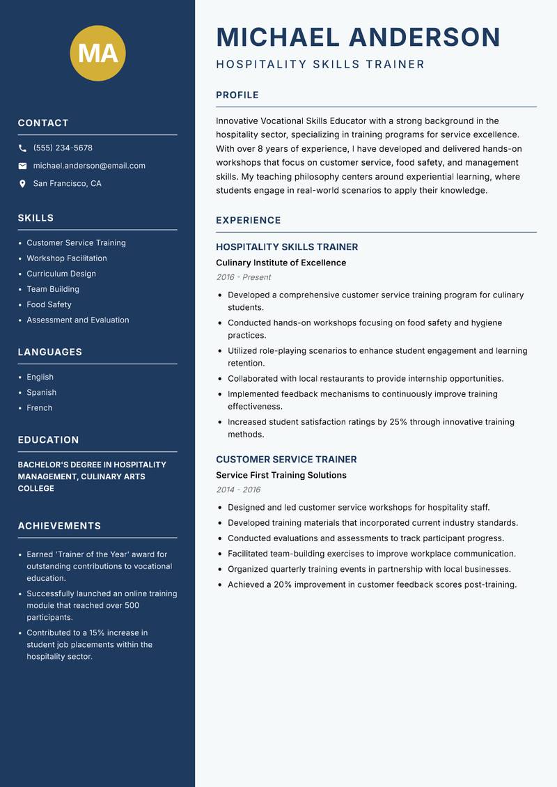 Vocational Skills Educator resume sample — Hospitality Skills Trainer focus