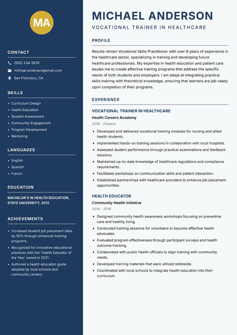 Vocational Skills Practitioner resume sample — Vocational Trainer in Healthcare focus