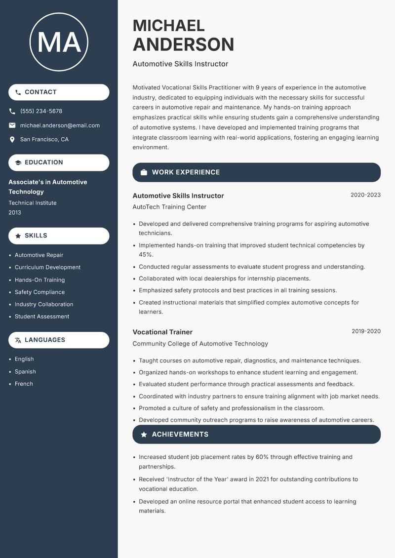 Vocational Skills Practitioner resume sample — Automotive Skills Instructor focus