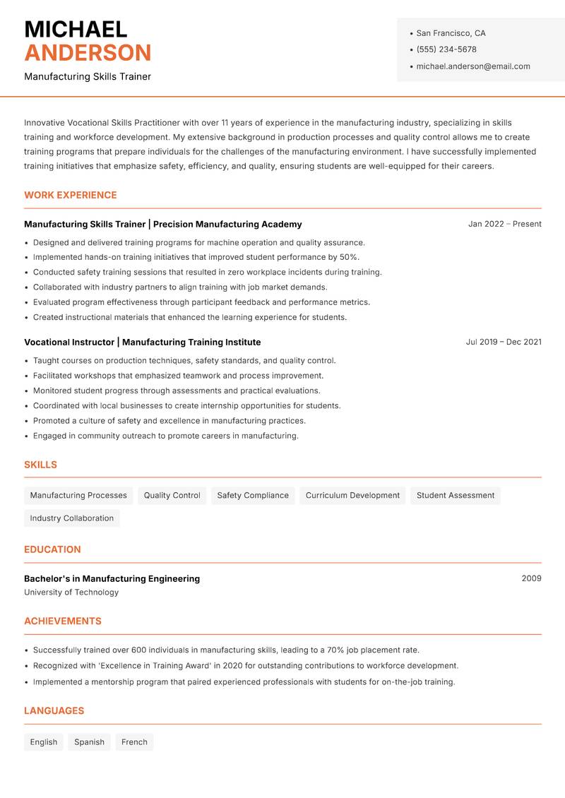 Vocational Skills Practitioner resume sample — Manufacturing Skills Trainer focus
