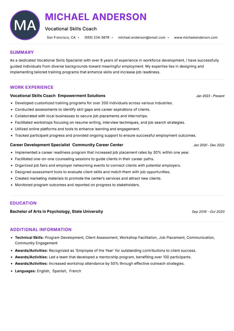 Vocational Skills Specialist resume example
