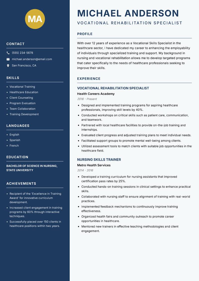 Vocational Skills Specialist resume sample — Vocational Rehabilitation Specialist focus
