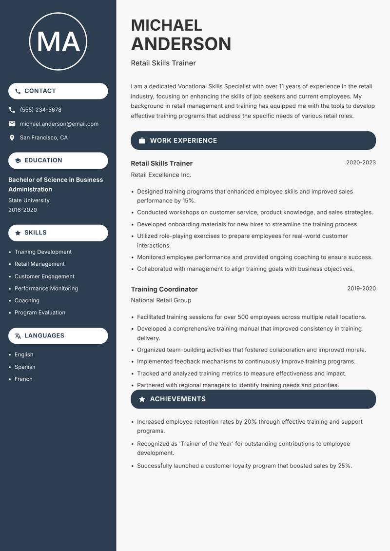 Vocational Skills Specialist resume sample — Retail Skills Trainer focus