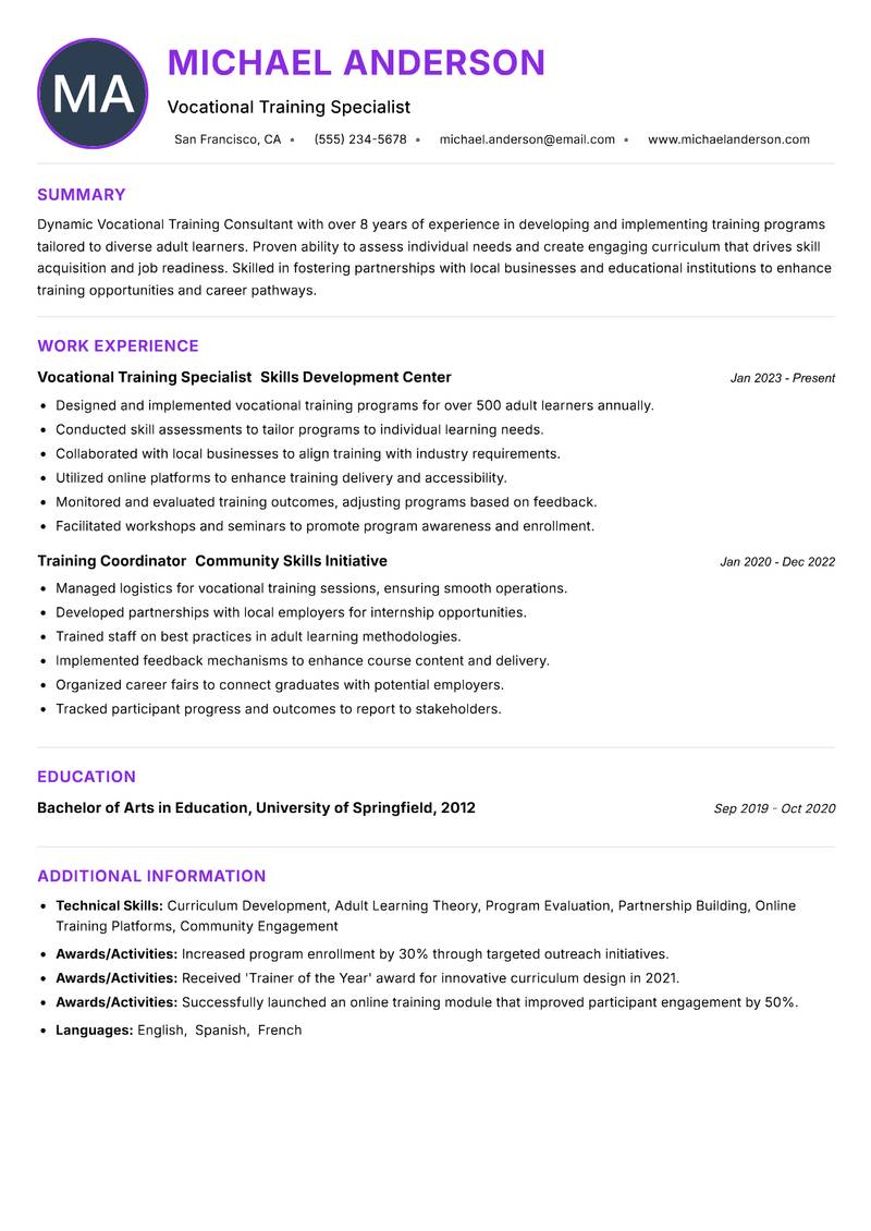 Vocational Training Consultant resume example