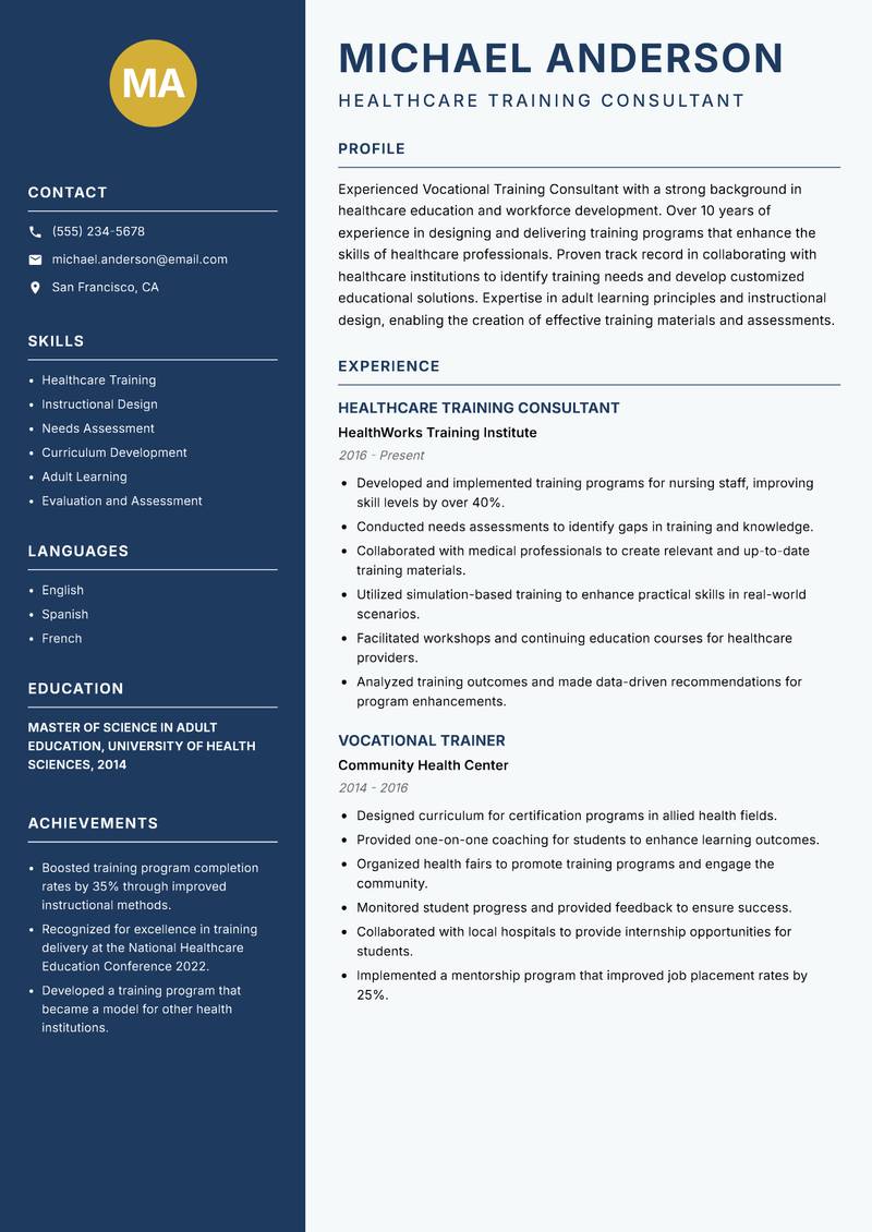 Vocational Training Consultant resume sample — Healthcare Training Consultant focus