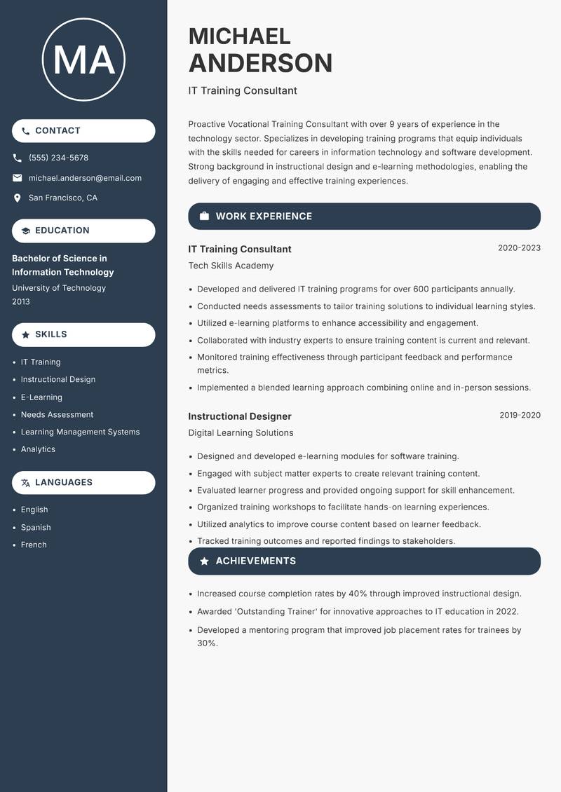 Vocational Training Consultant resume sample — IT Training Consultant focus