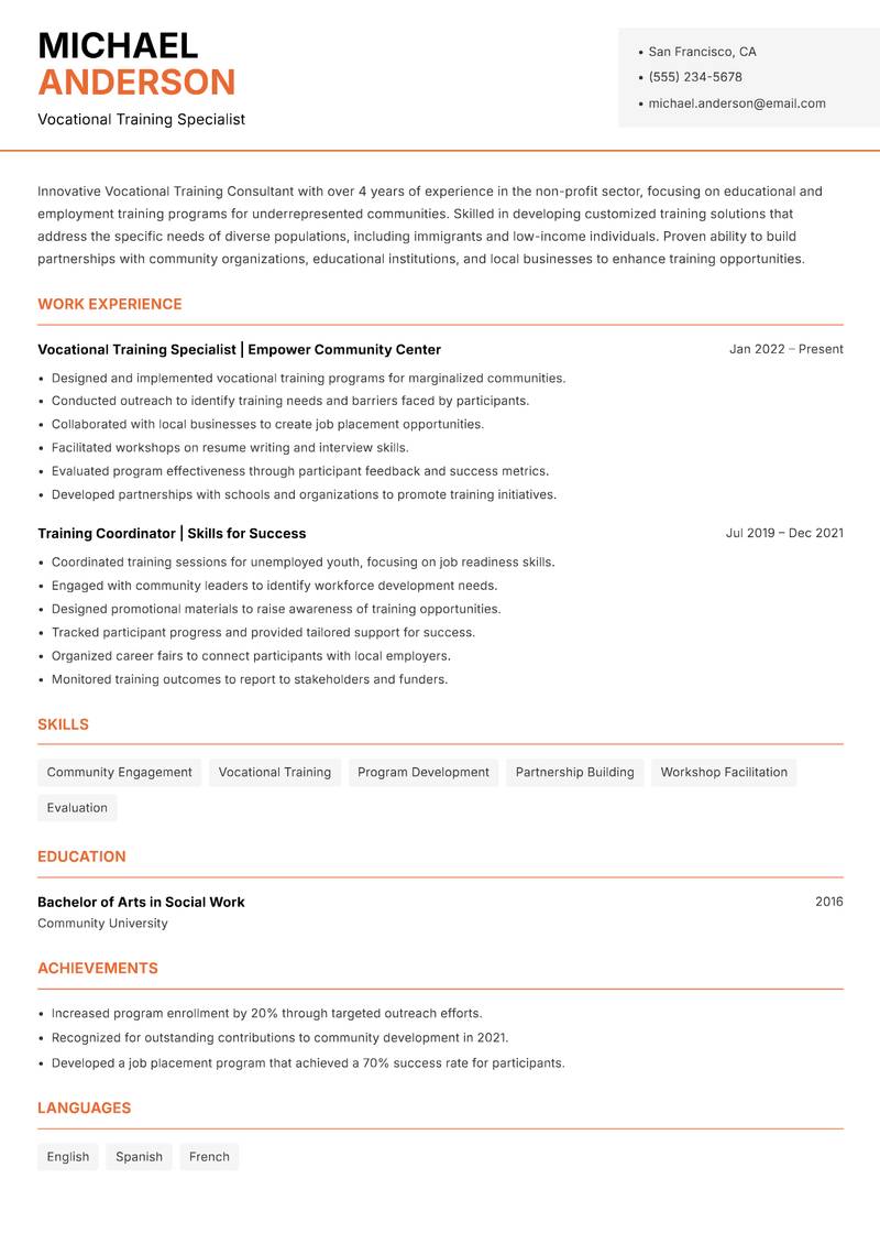 Vocational Training Consultant resume sample — Vocational Training Specialist focus