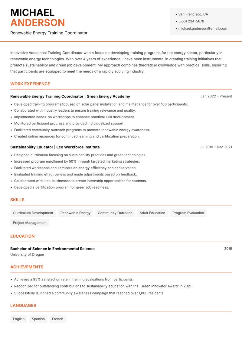 Vocational Training Coordinator resume sample — Renewable Energy Training Coordinator focus
