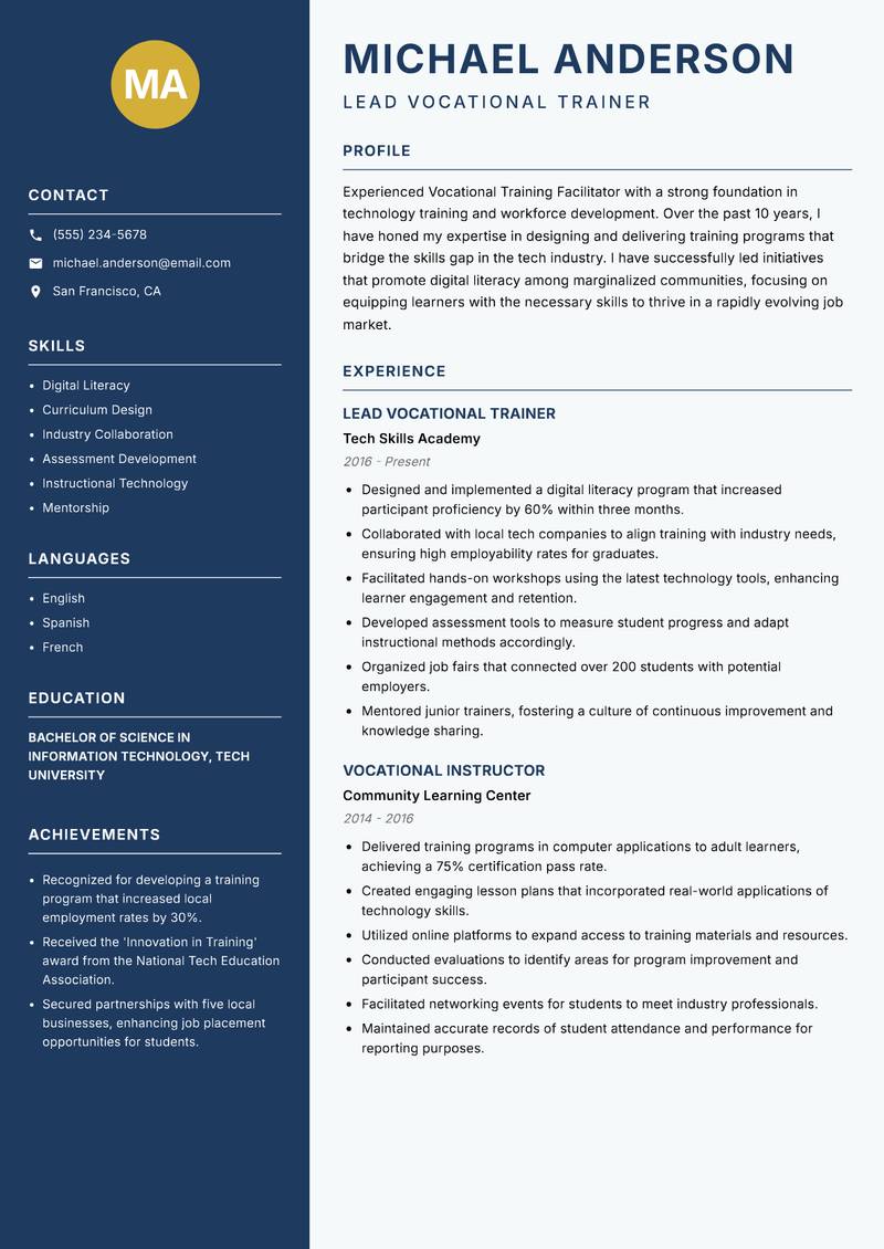 Vocational Training Facilitator resume sample — Lead Vocational Trainer focus