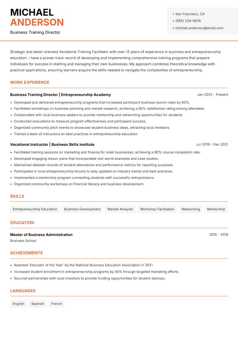 Vocational Training Facilitator resume sample — Business Training Director focus