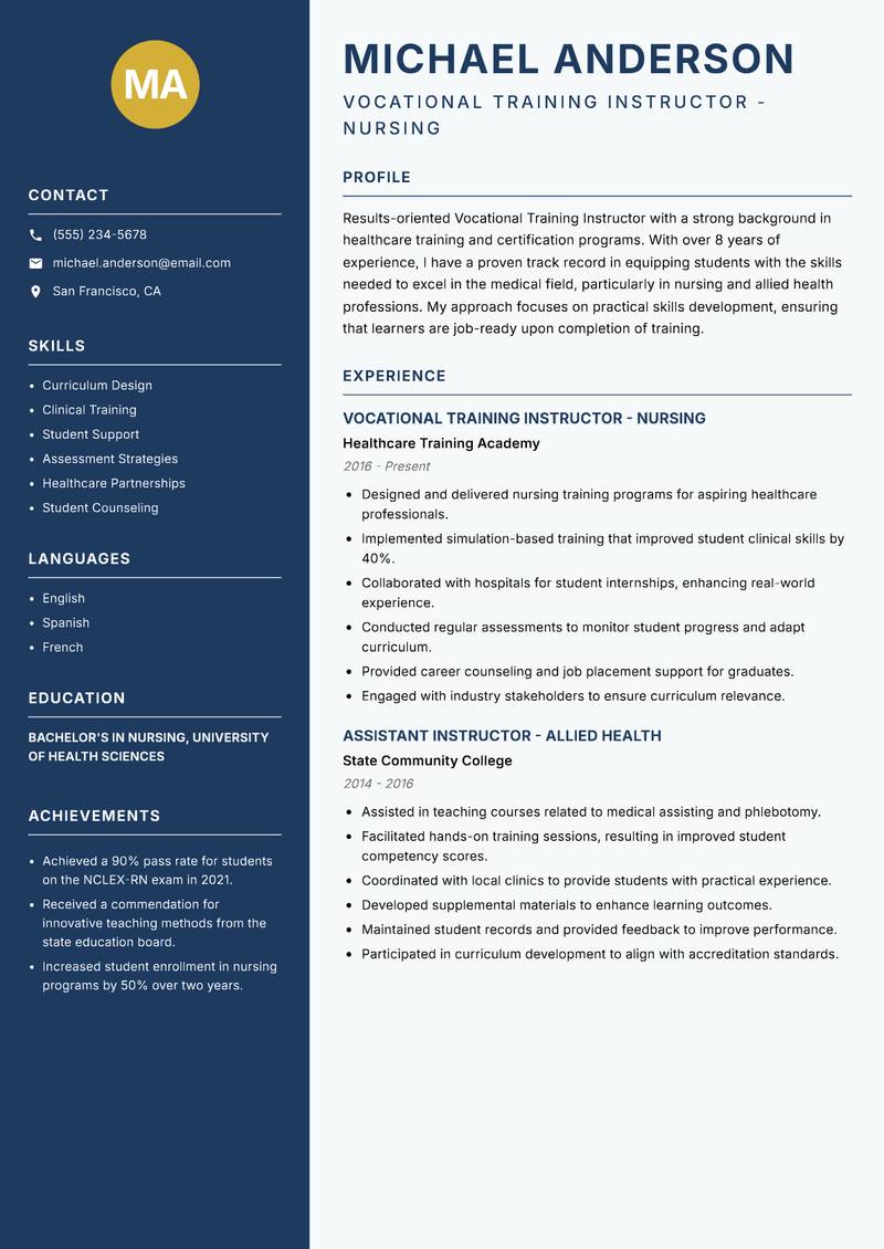 Vocational Training Instructor resume sample — Vocational Training Instructor - Nursing focus