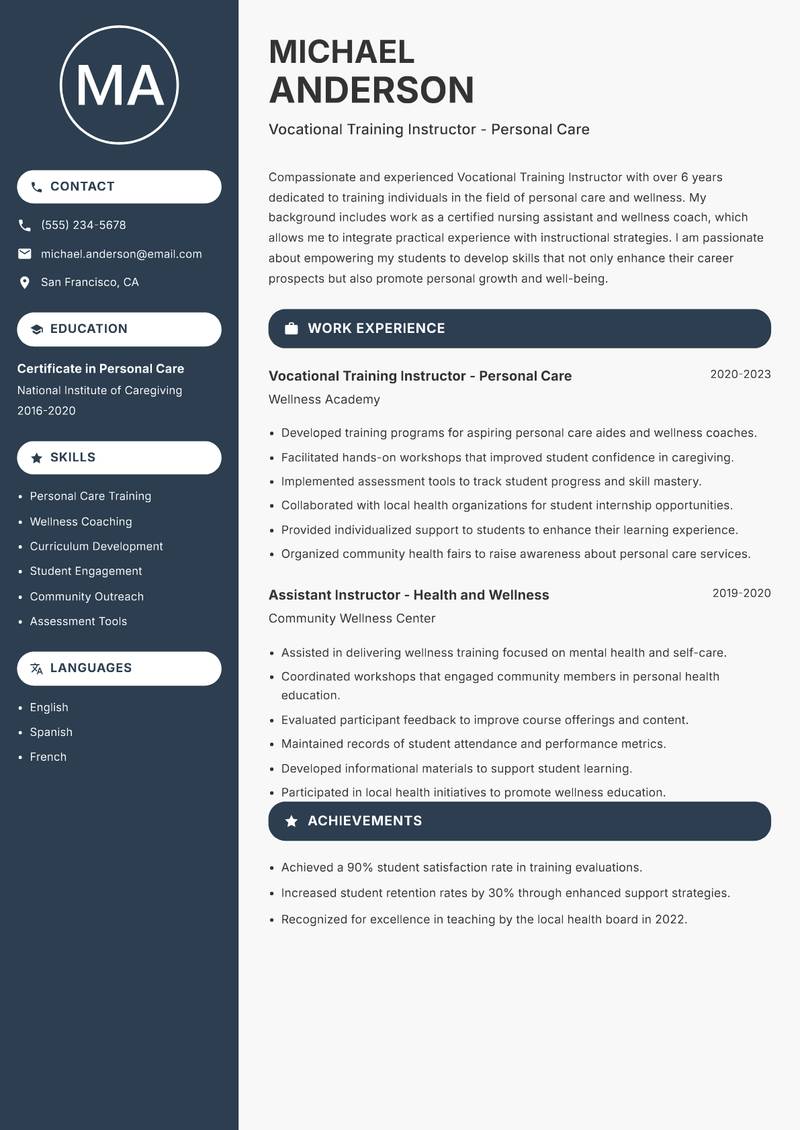 Vocational Training Instructor resume sample — Vocational Training Instructor - Personal Care focus