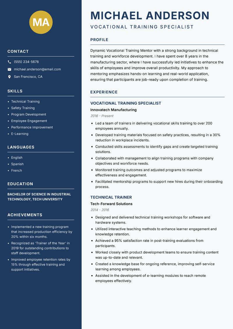 Vocational Training Mentor resume sample — Vocational Training Specialist focus