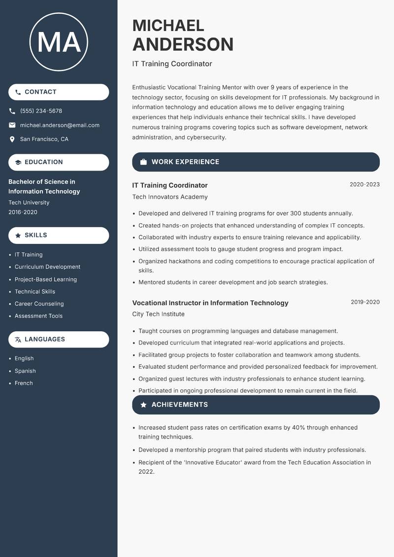 Vocational Training Mentor resume sample — IT Training Coordinator focus