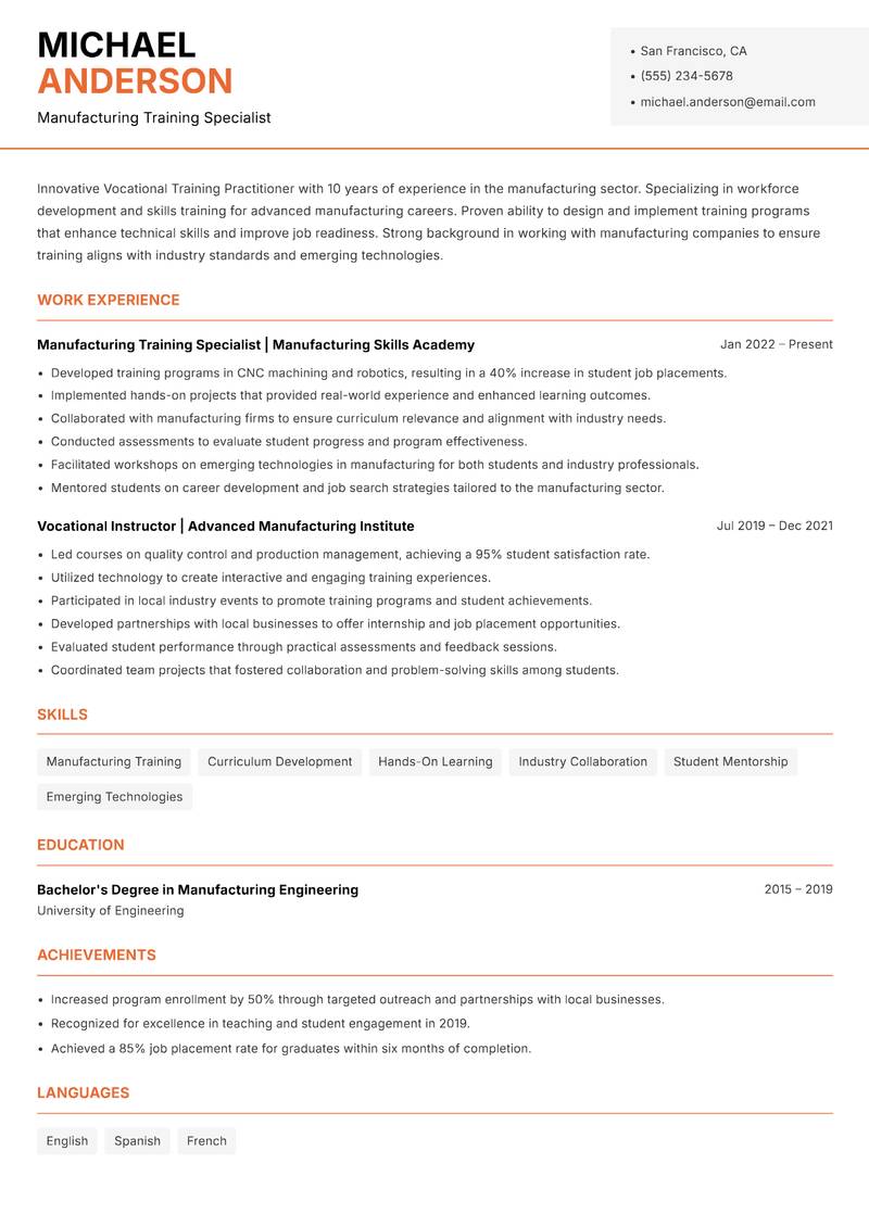 Vocational Training Practitioner resume sample — Manufacturing Training Specialist focus