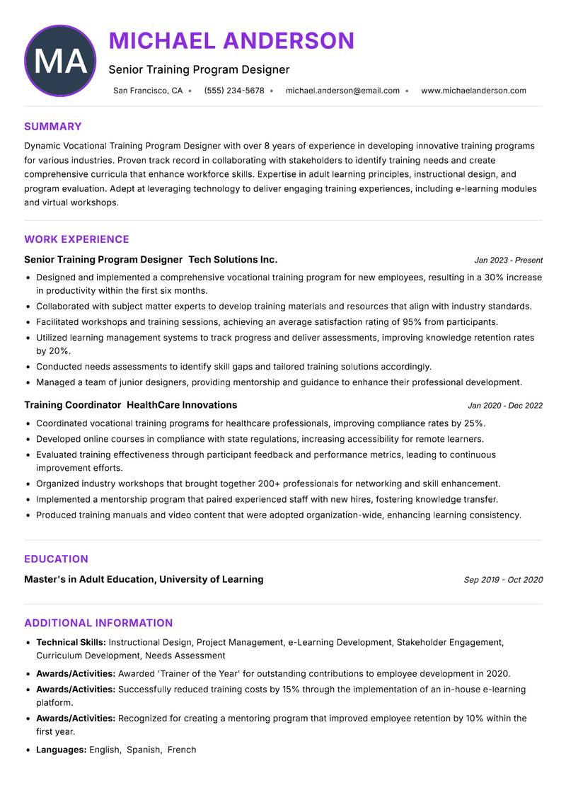 Vocational Training Program Designer resume example