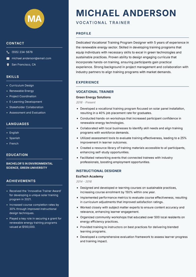 Vocational Training Program Designer resume sample — Vocational Trainer focus