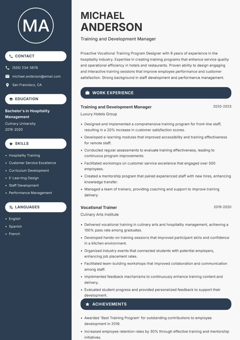 Vocational Training Program Designer resume sample — Training and Development Manager focus