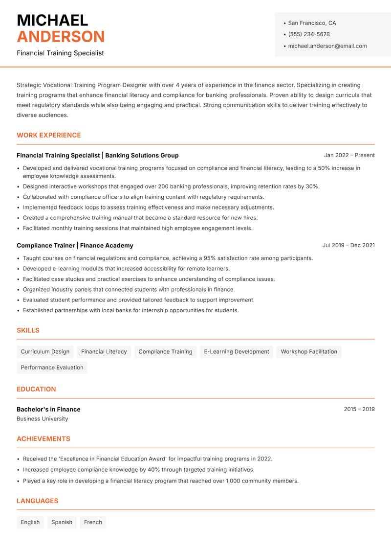 Vocational Training Program Designer resume sample — Financial Training Specialist focus