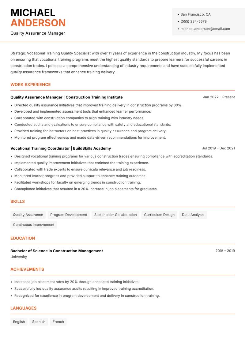 Vocational Training Quality Specialist resume sample — Quality Assurance Manager focus