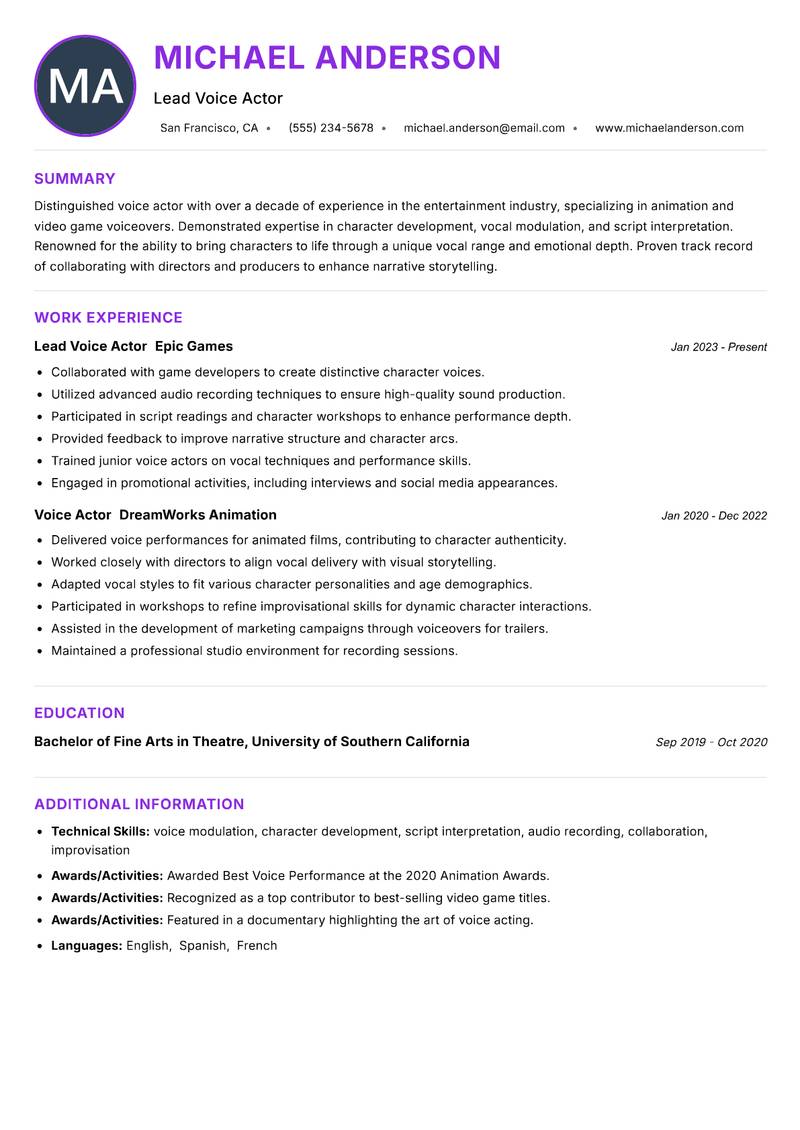 Voice Actor resume example