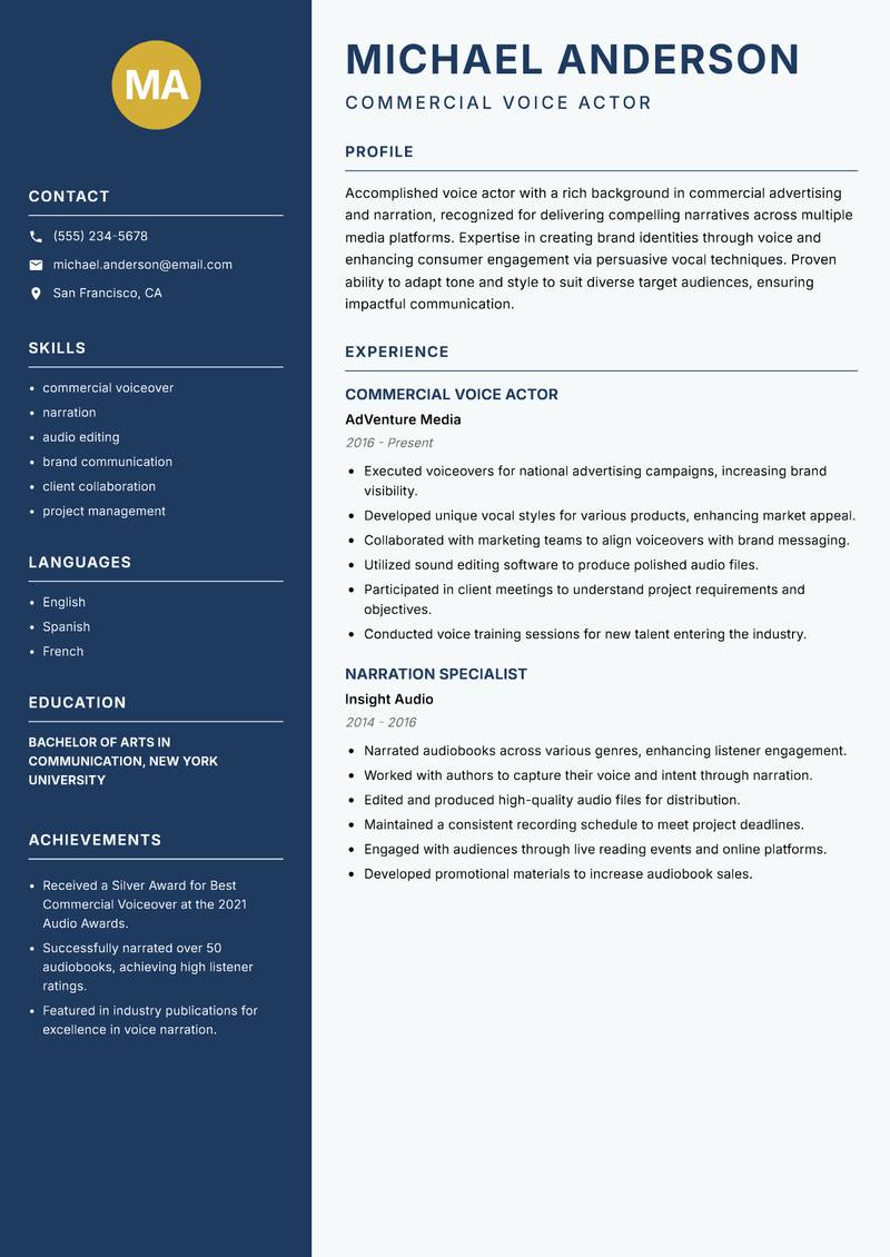 Voice Actor resume sample — Commercial Voice Actor focus