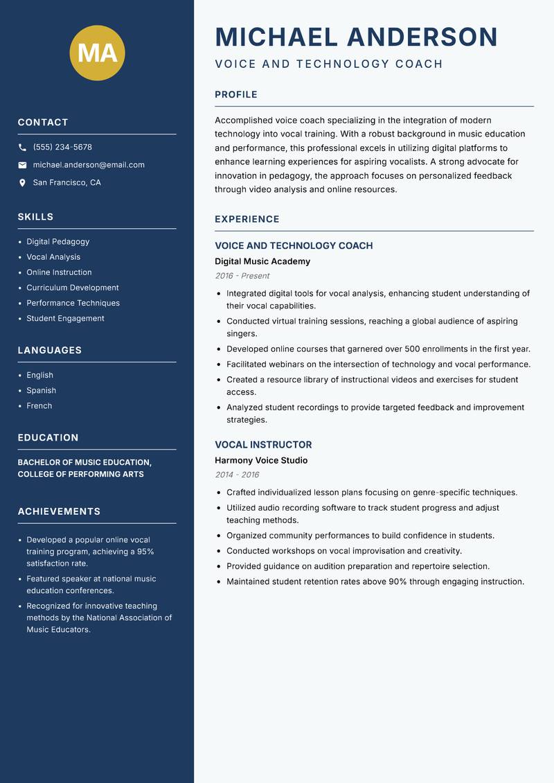 Voice Coach resume sample — Voice and Technology Coach focus