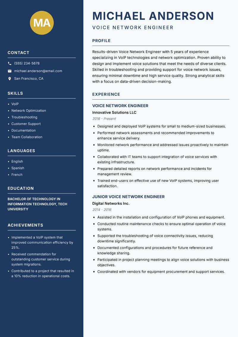 Voice Network Engineer resume sample — Voice Network Engineer focus