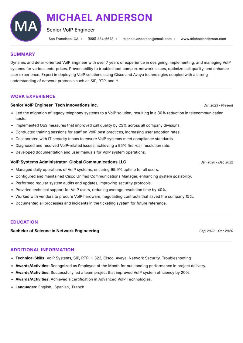 VoIP Engineer resume example
