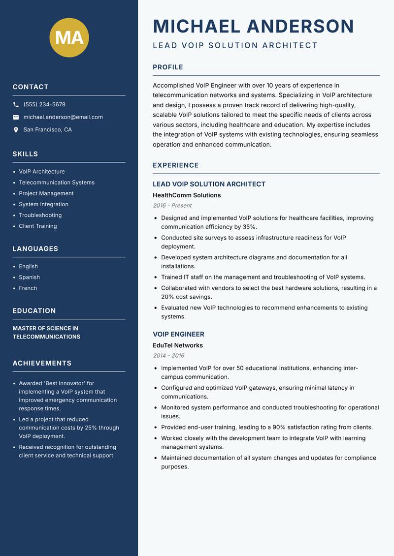 VoIP Engineer resume sample — Lead VoIP Solution Architect focus