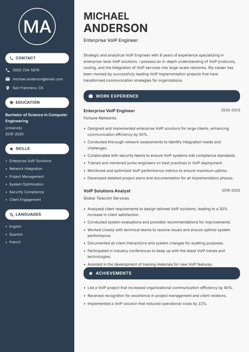 VoIP Engineer resume sample — Enterprise VoIP Engineer focus