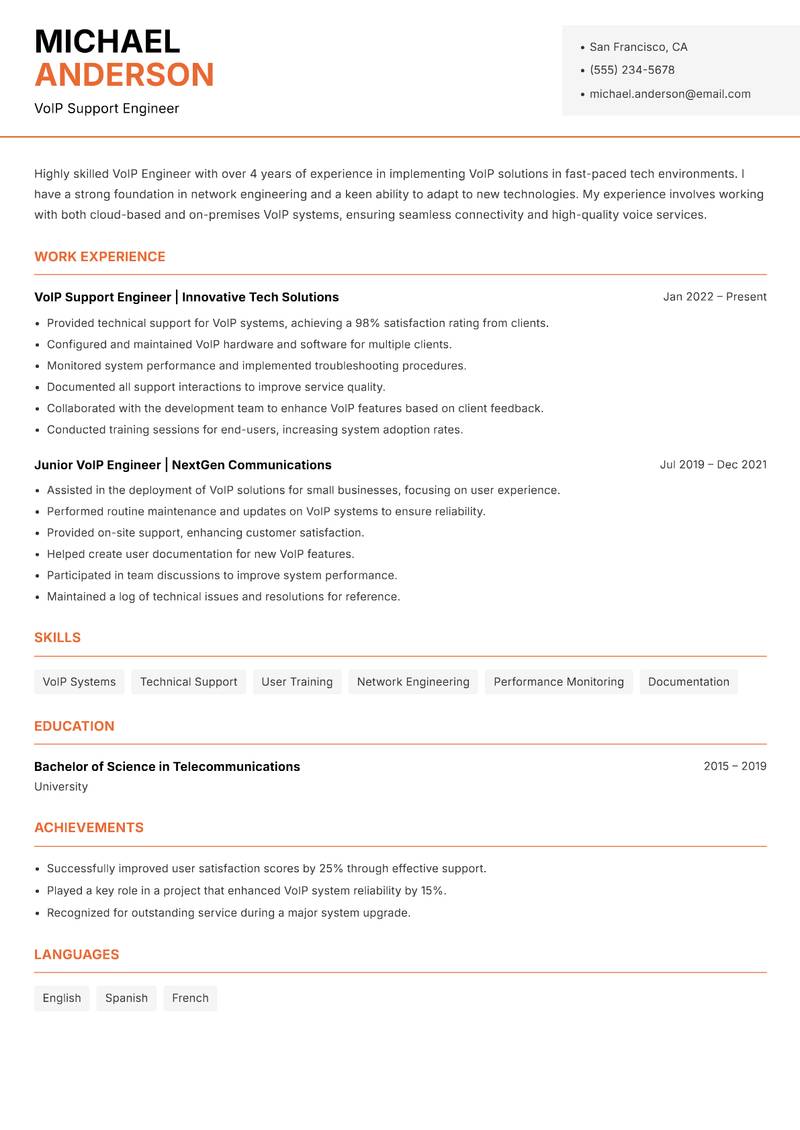 VoIP Engineer resume sample — VoIP Support Engineer focus