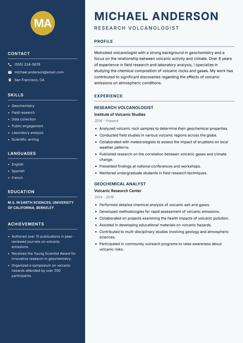 Volcanologist resume sample — Research Volcanologist focus
