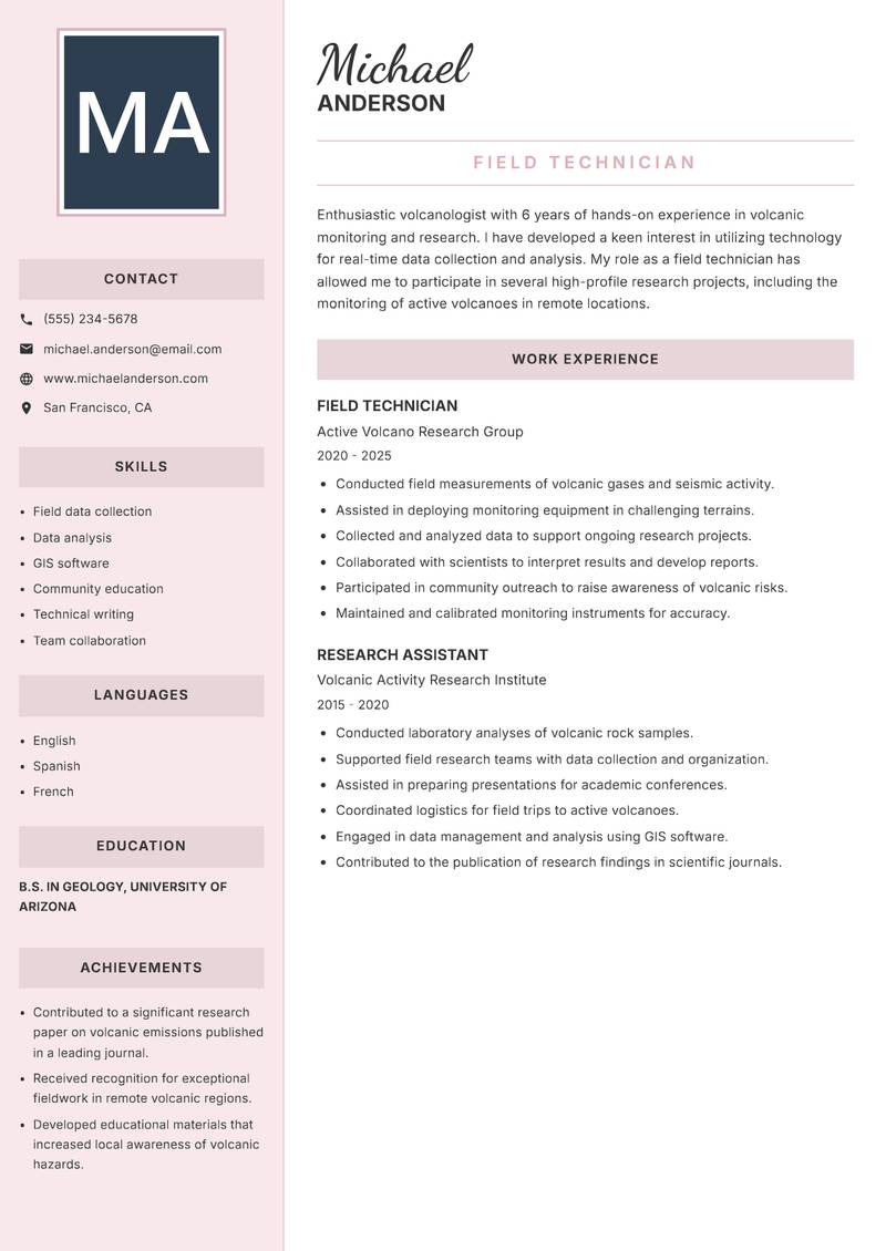 Volcanologist resume sample — Field Technician focus