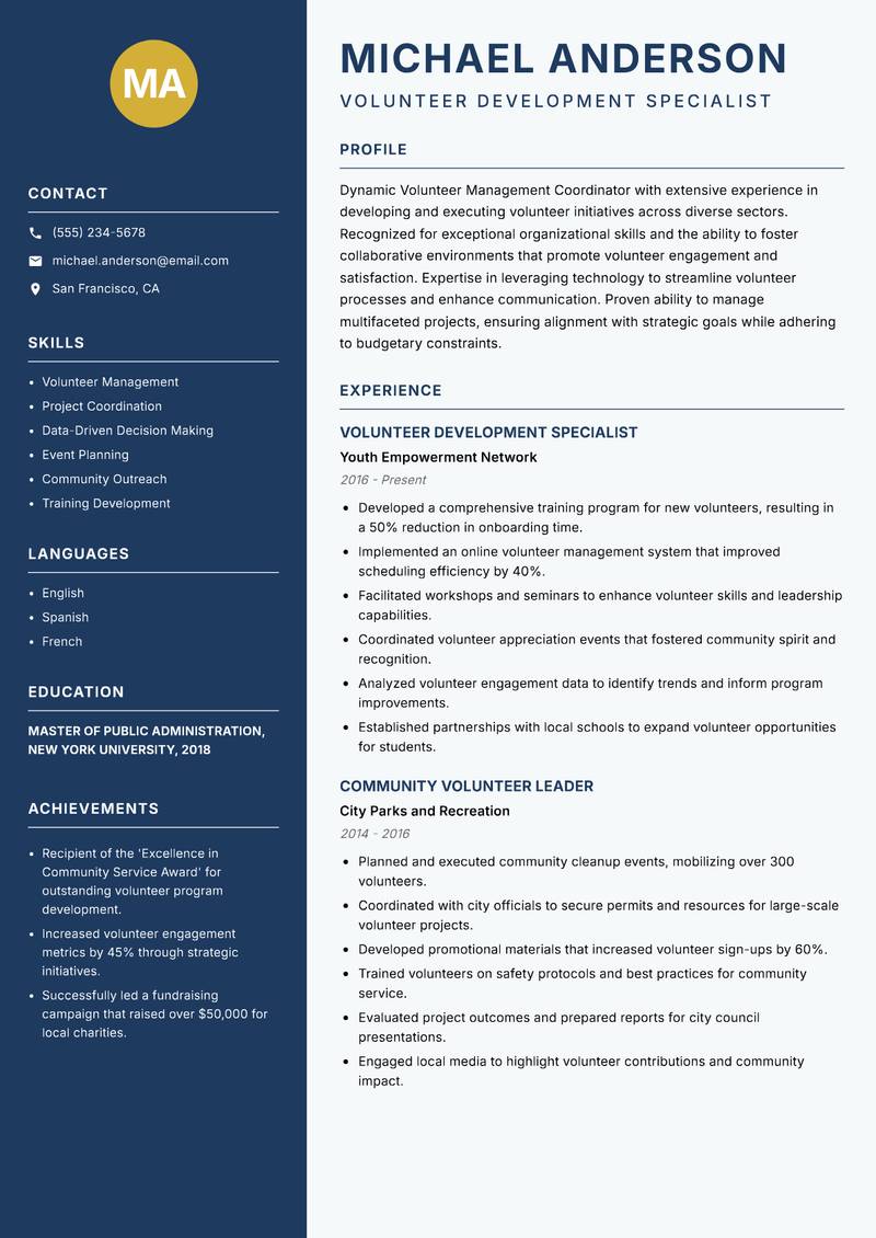 Volunteer Management Coordinator resume sample — Volunteer Development Specialist focus