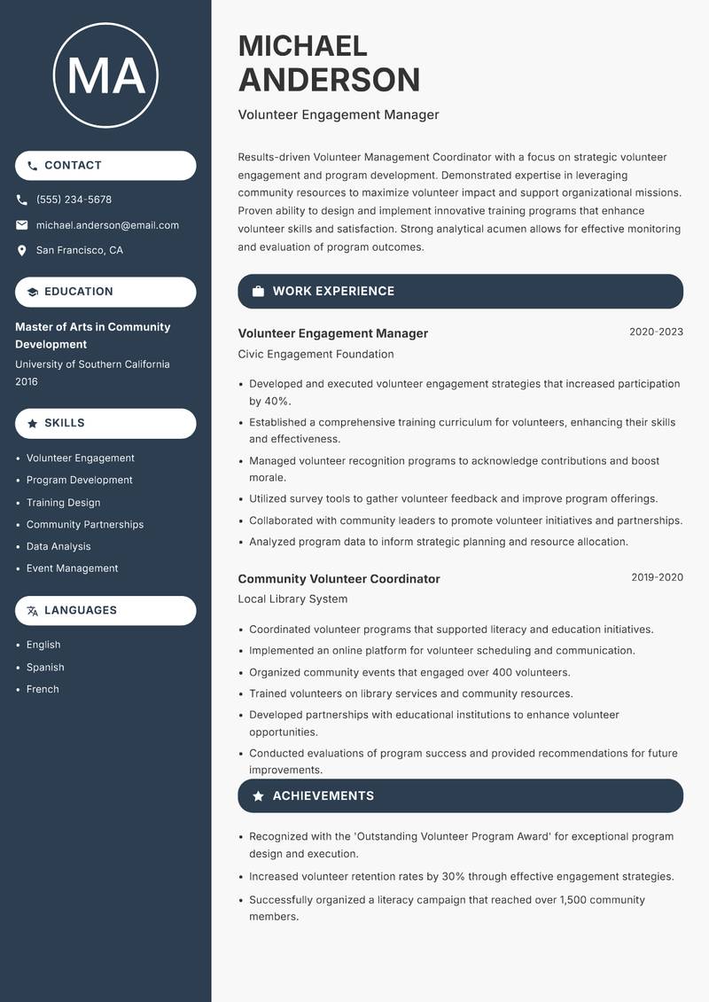 Volunteer Management Coordinator resume sample — Volunteer Engagement Manager focus