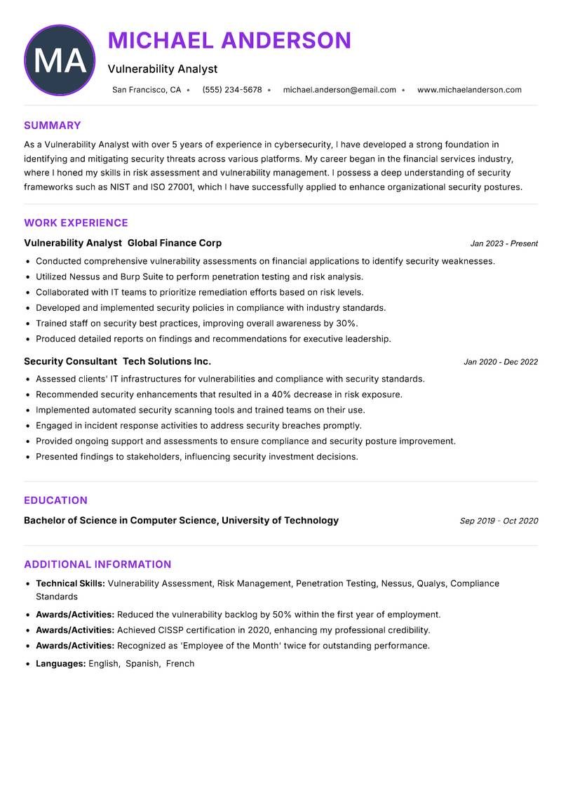 Vulnerability Analyst resume example