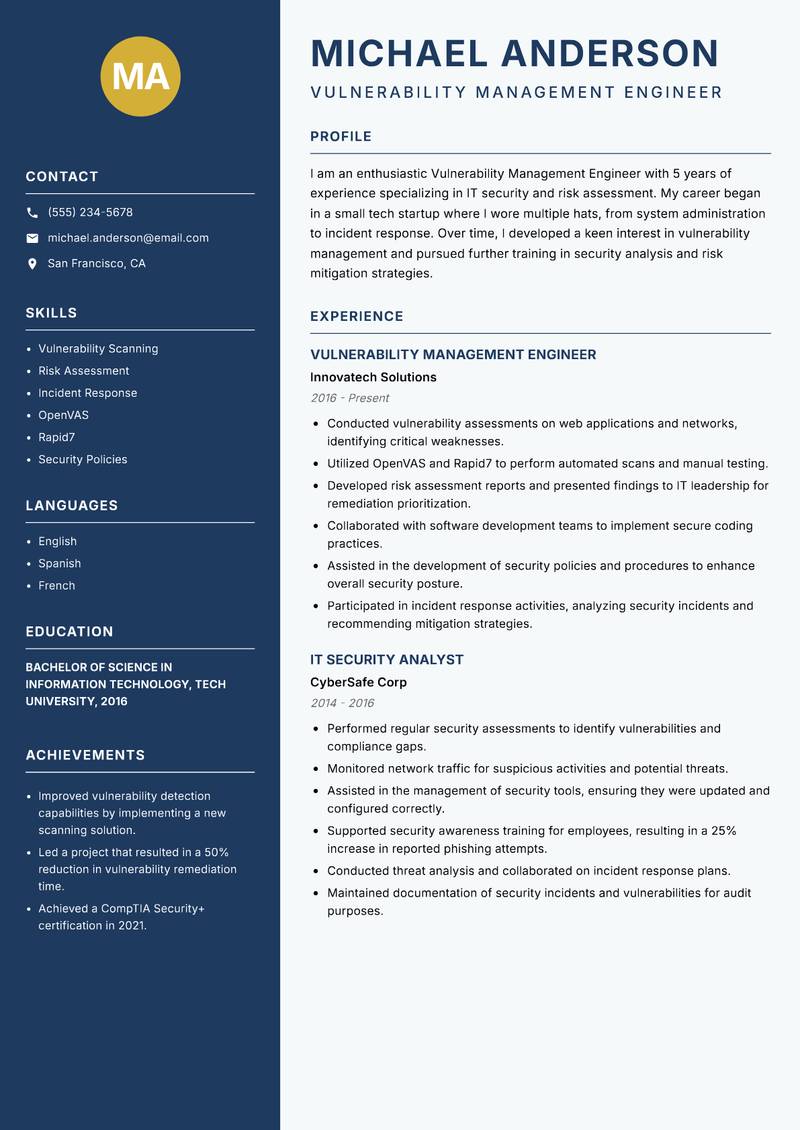 Vulnerability Management Engineer resume sample — Vulnerability Management Engineer focus