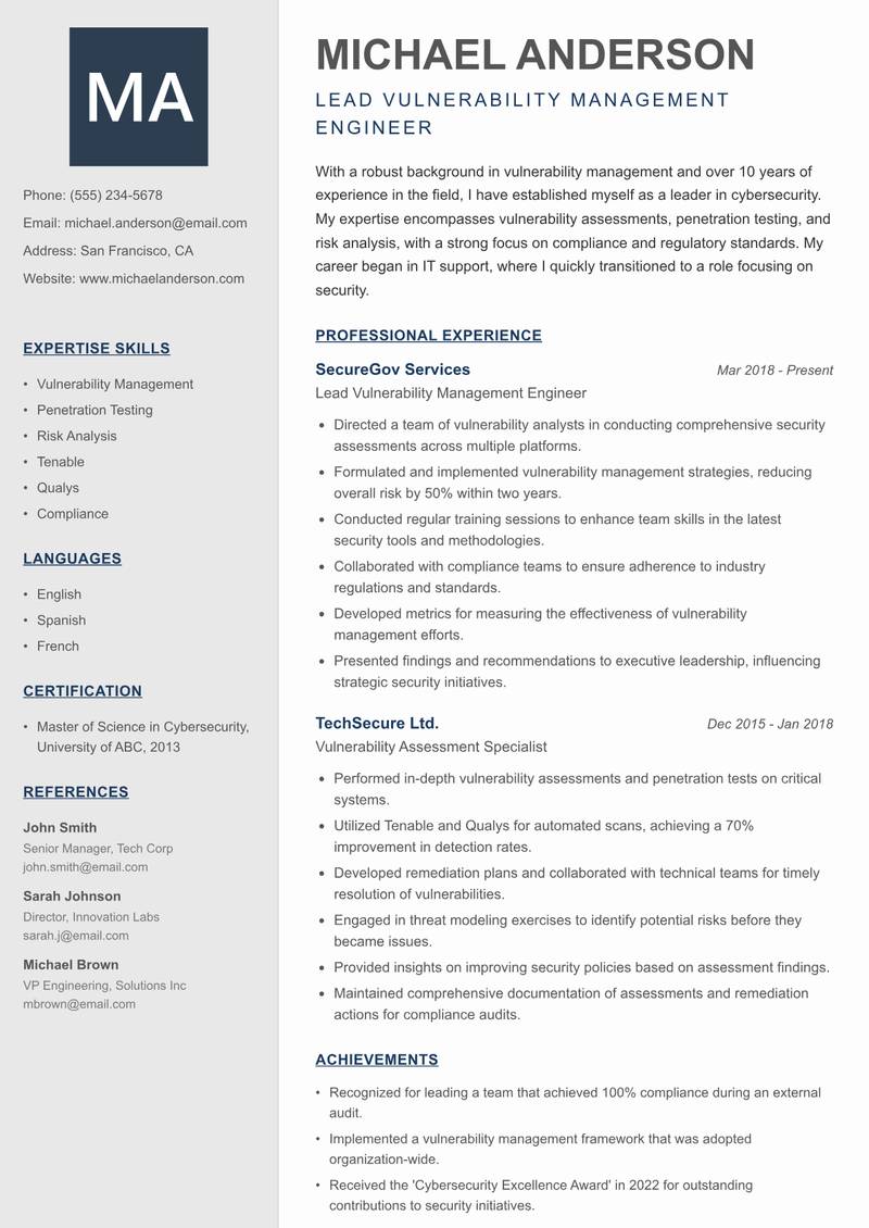 Vulnerability Management Engineer resume sample — Lead Vulnerability Management Engineer focus