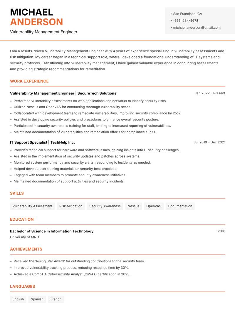 Vulnerability Management Engineer resume sample — Vulnerability Management Engineer focus