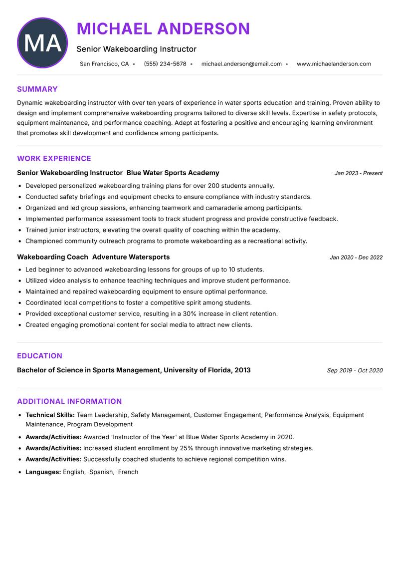 Wakeboarding Instructor resume example
