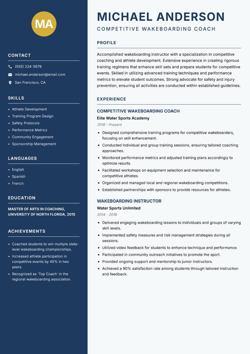 Wakeboarding Instructor resume sample — Competitive Wakeboarding Coach focus