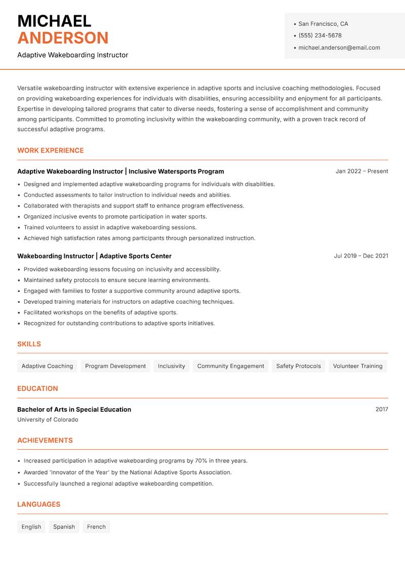 Wakeboarding Instructor resume sample — Adaptive Wakeboarding Instructor focus