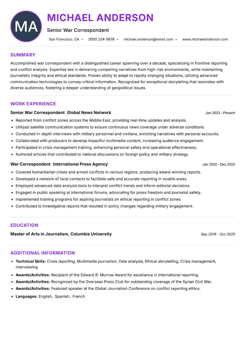 War Correspondent resume example