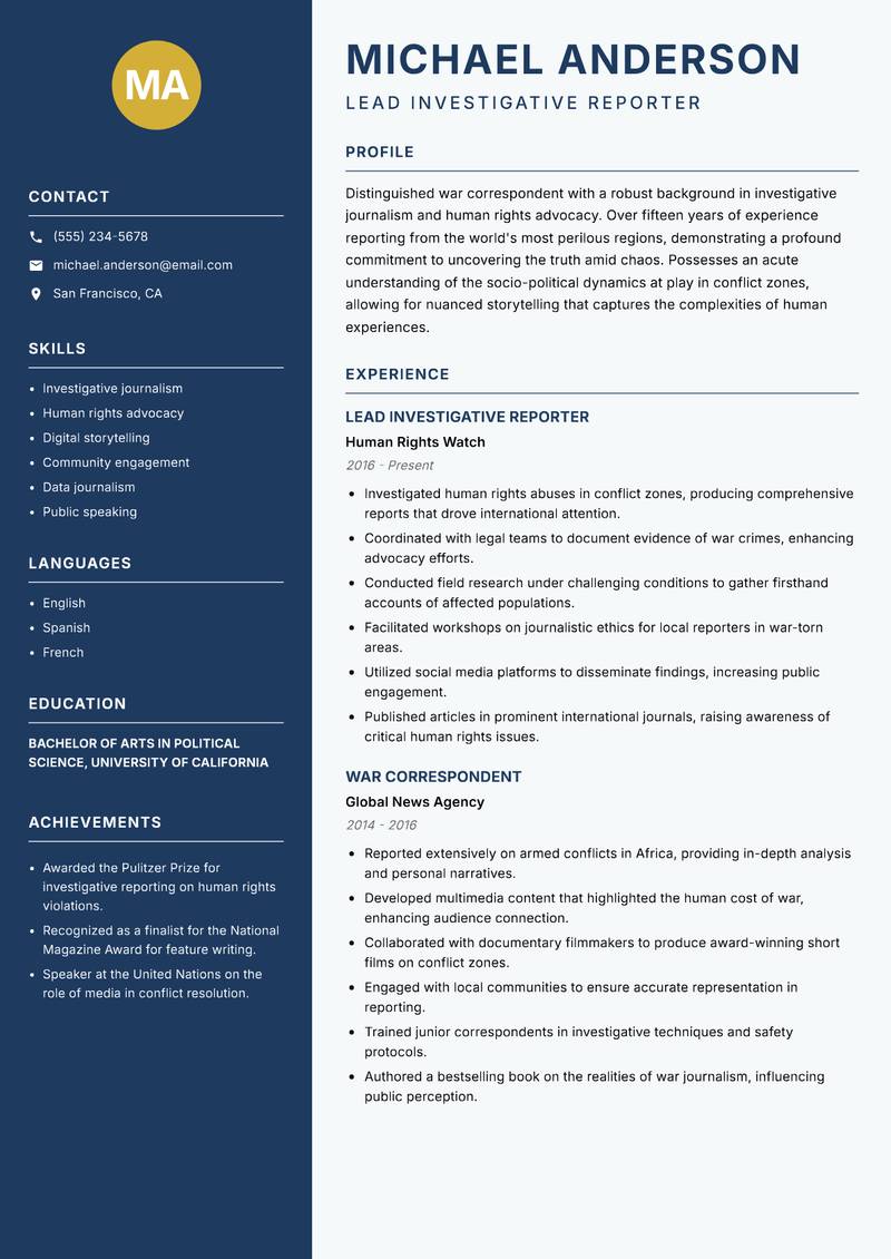 War Correspondent resume sample — Lead Investigative Reporter focus