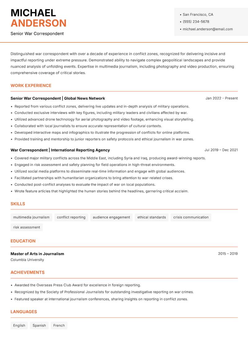 War Correspondent resume sample — Senior War Correspondent focus
